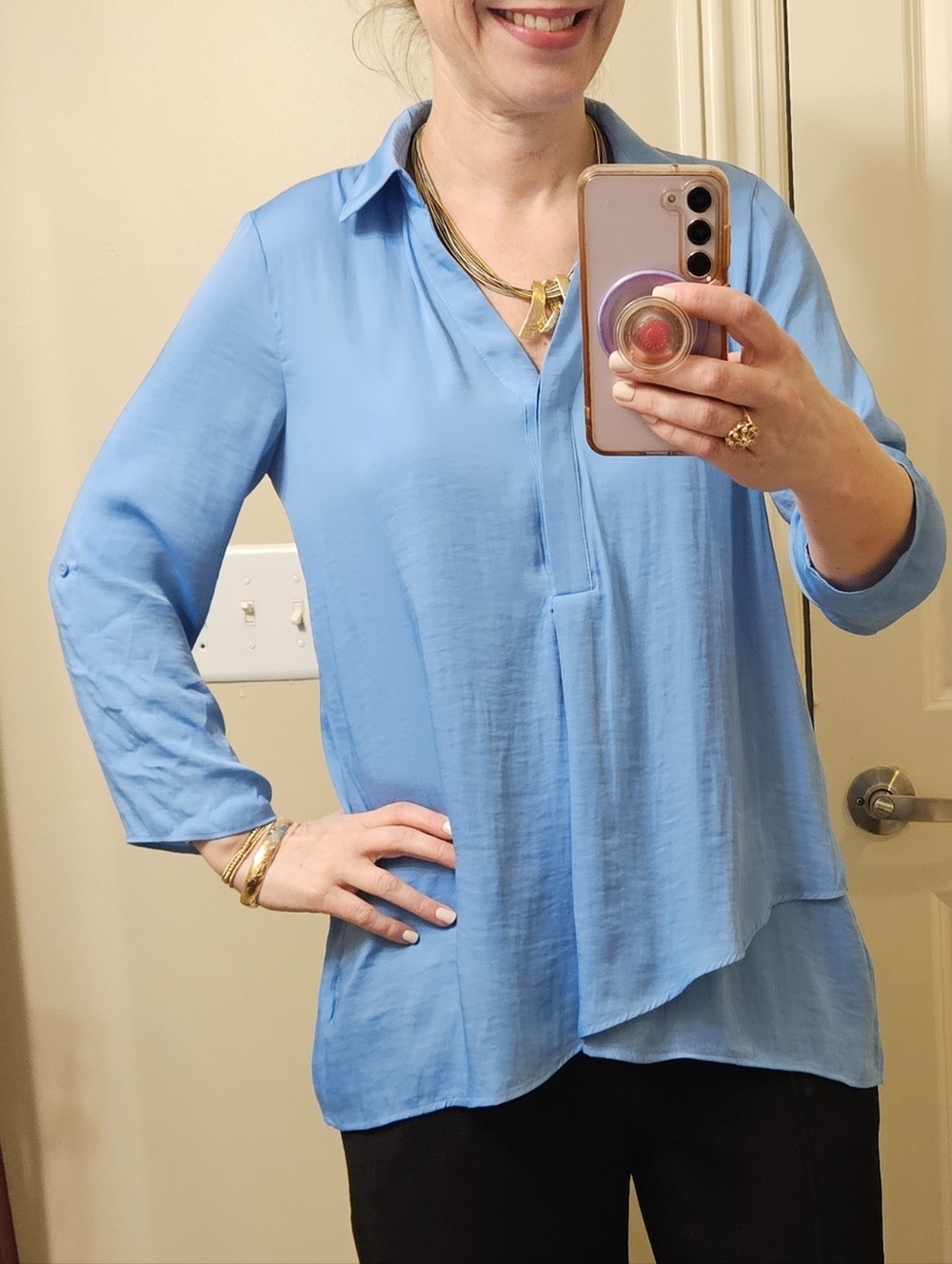 Renuar Airflow Blouse XS | Delphinium Sky Blue Hi-Low Top Lightweight 3/4 Sleeve